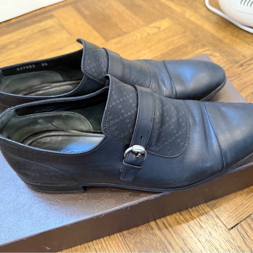 Gucci Black Leather Loafers with Silver Buckle